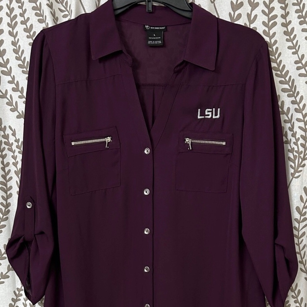 LSU New Directions Deep Purple Button Down Shirt with LSU Embroidery